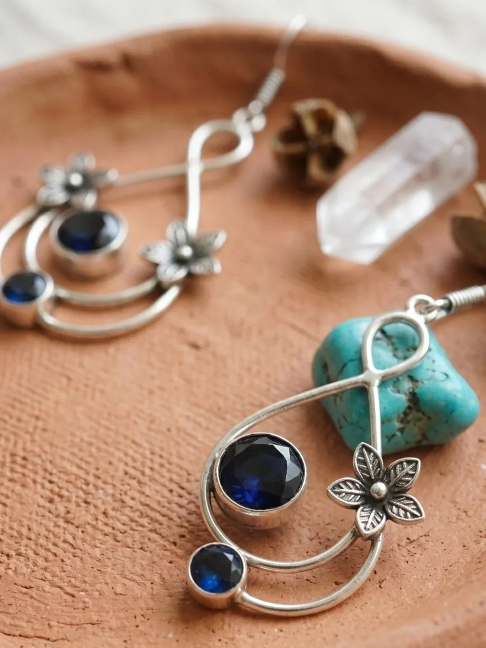 925 Sterling Silver Blue Tanzanite Floral Teardrop Dangle Earrings Boho 2.7